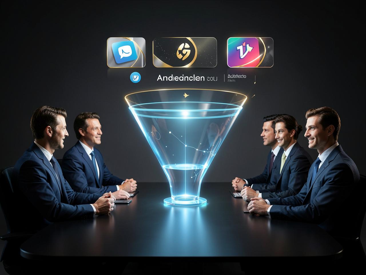 Equipo de estrategia frente a un embudo holográfico con campañas de redes sociales